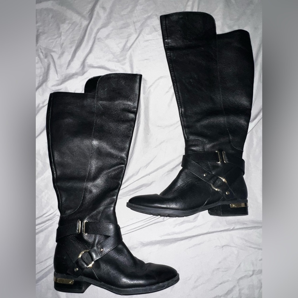Vince Camuto Black Over the Knee Boots with gorgeous gold accents  EUC SZ 8